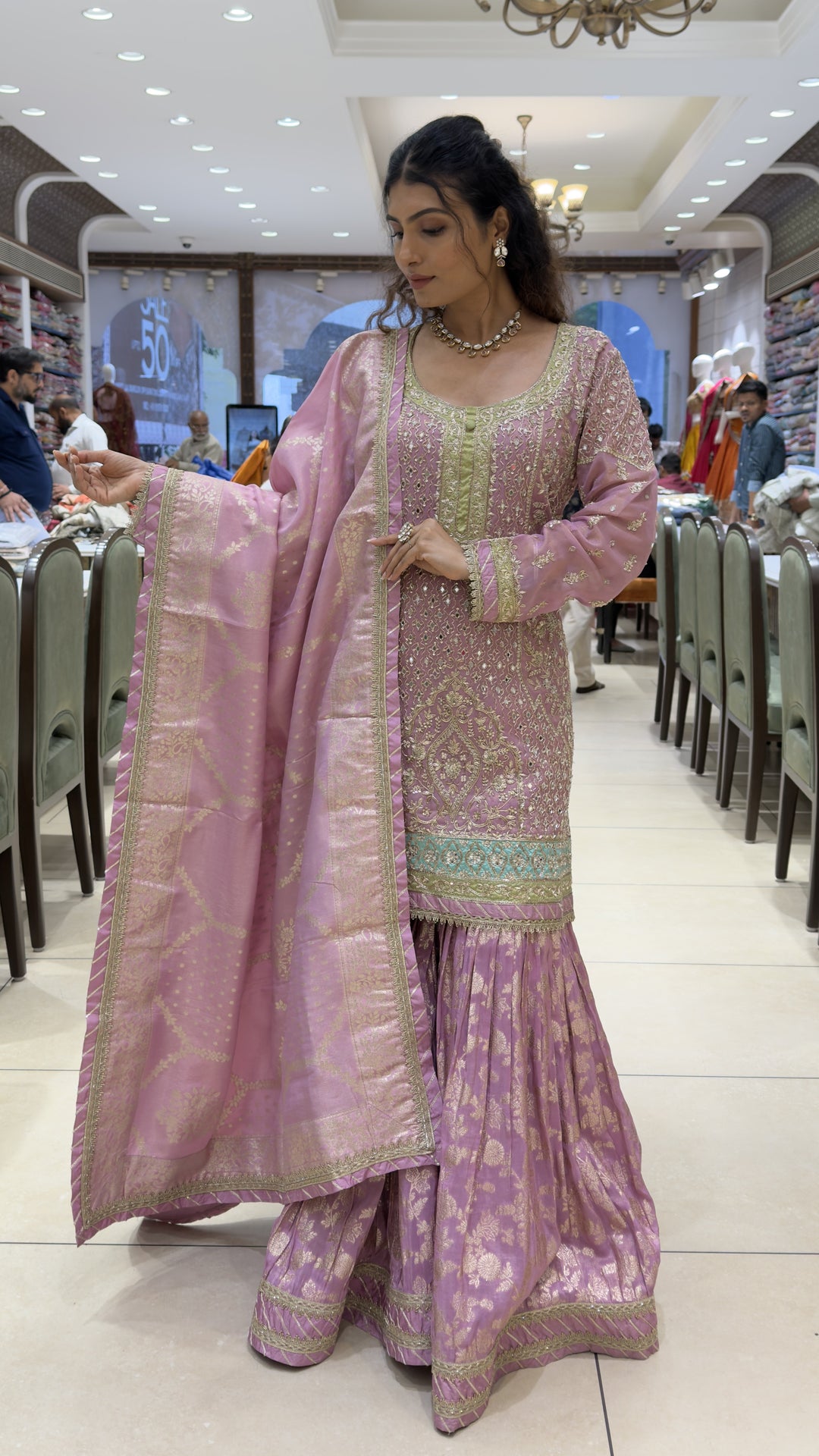 Lilac Pink Embroidered Kurta Sharara Set with Banarasi Dupatta