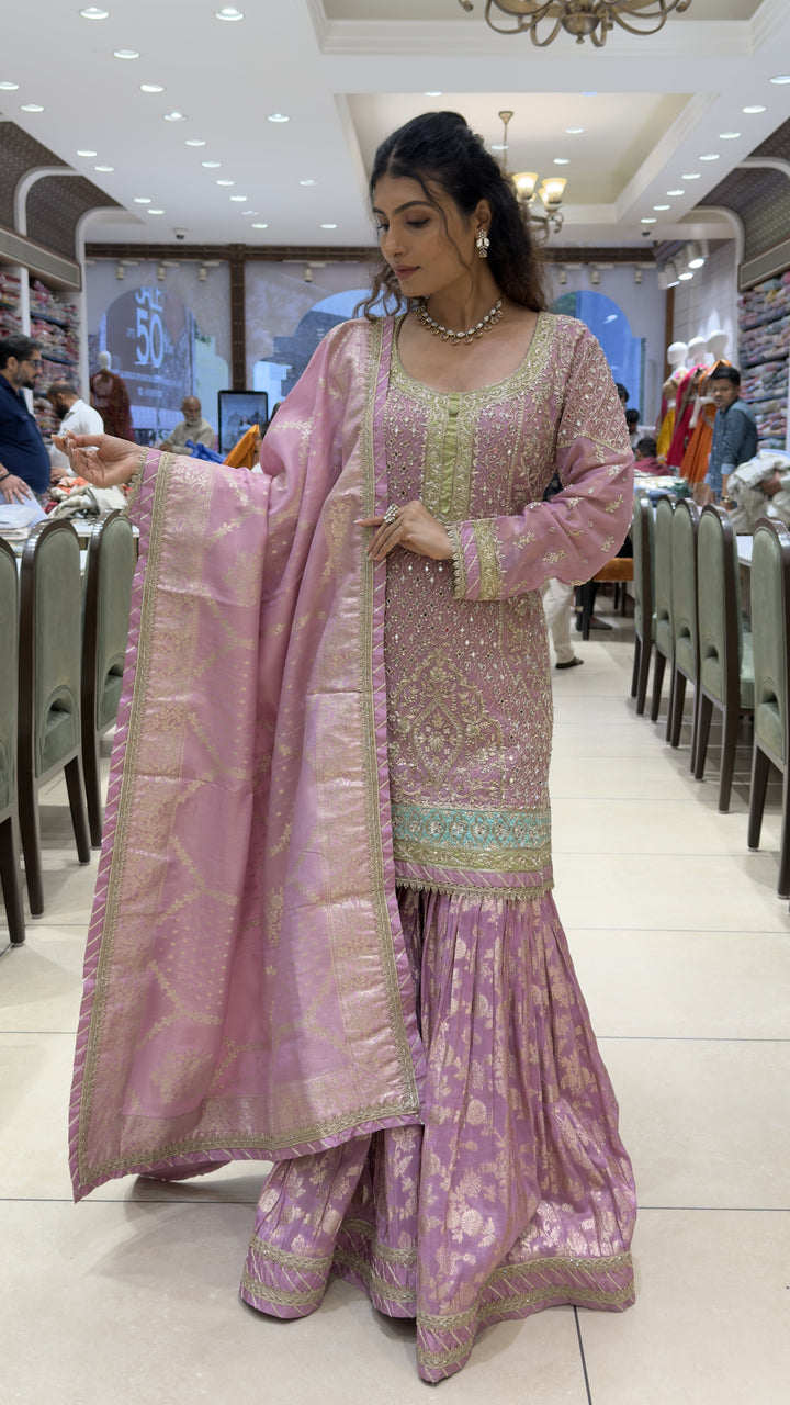 Lilac Pink Embroidered Kurta Sharara Set with Banarasi Dupatta