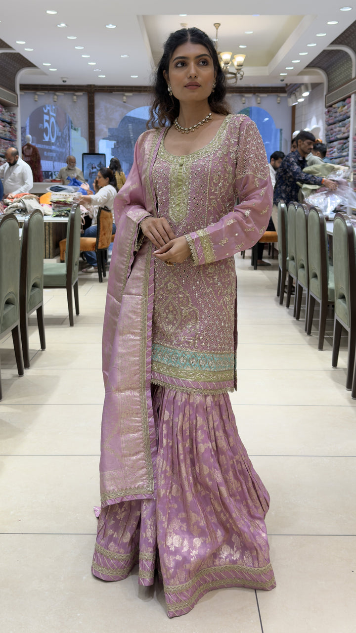Lilac Pink Embroidered Kurta Sharara Set with Banarasi Dupatta
