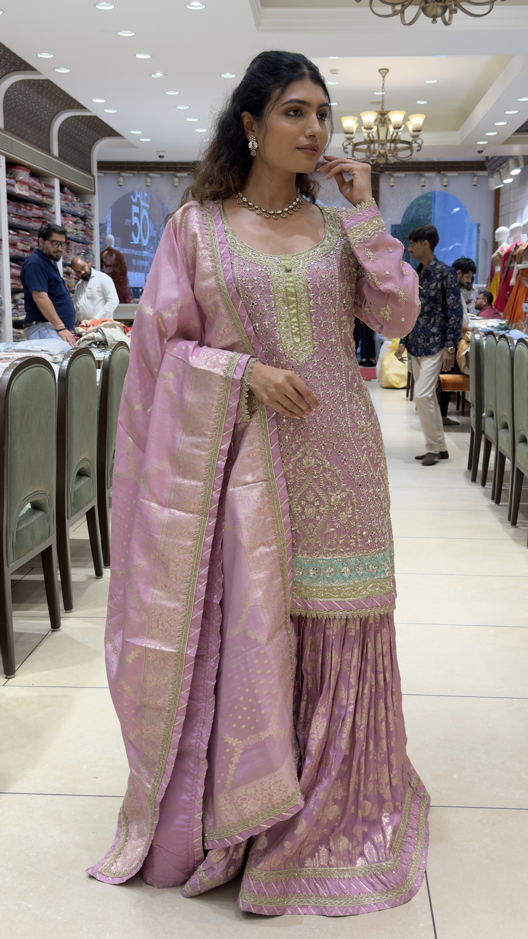 Lilac Pink Embroidered Kurta Sharara Set with Banarasi Dupatta
