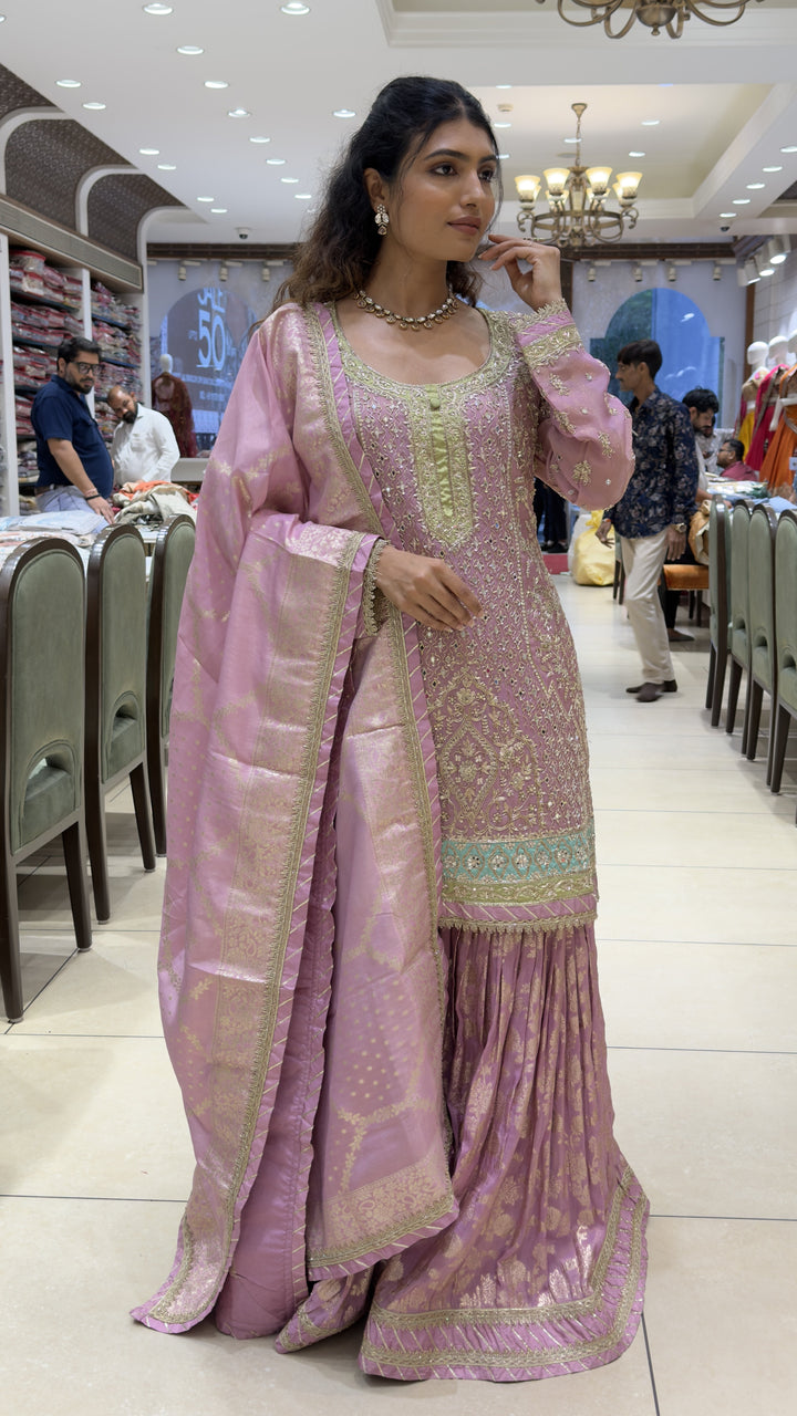 Lilac Pink Embroidered Kurta Sharara Set with Banarasi Dupatta