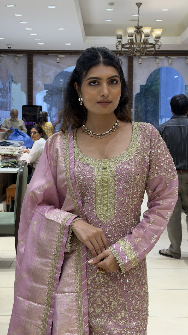 Lilac Pink Embroidered Kurta Sharara Set with Banarasi Dupatta