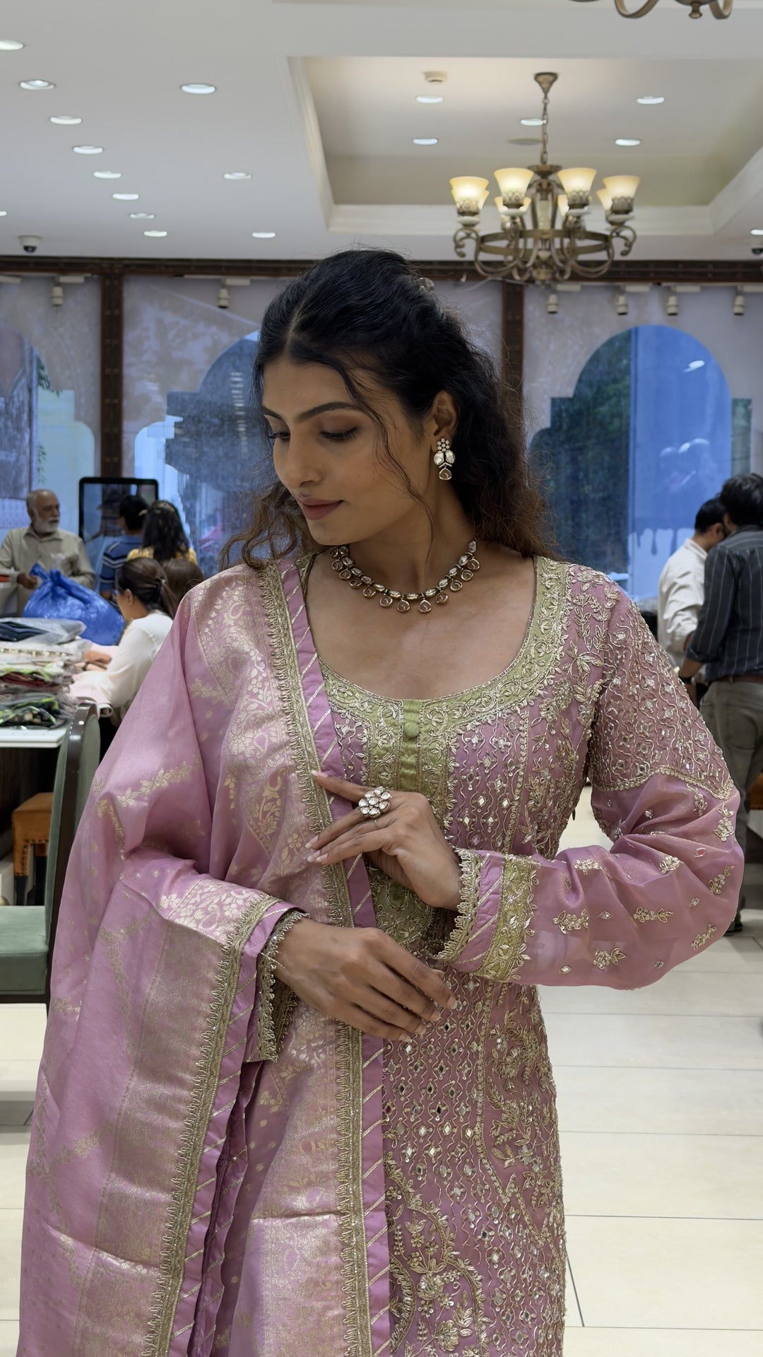Lilac Pink Embroidered Kurta Sharara Set with Banarasi Dupatta