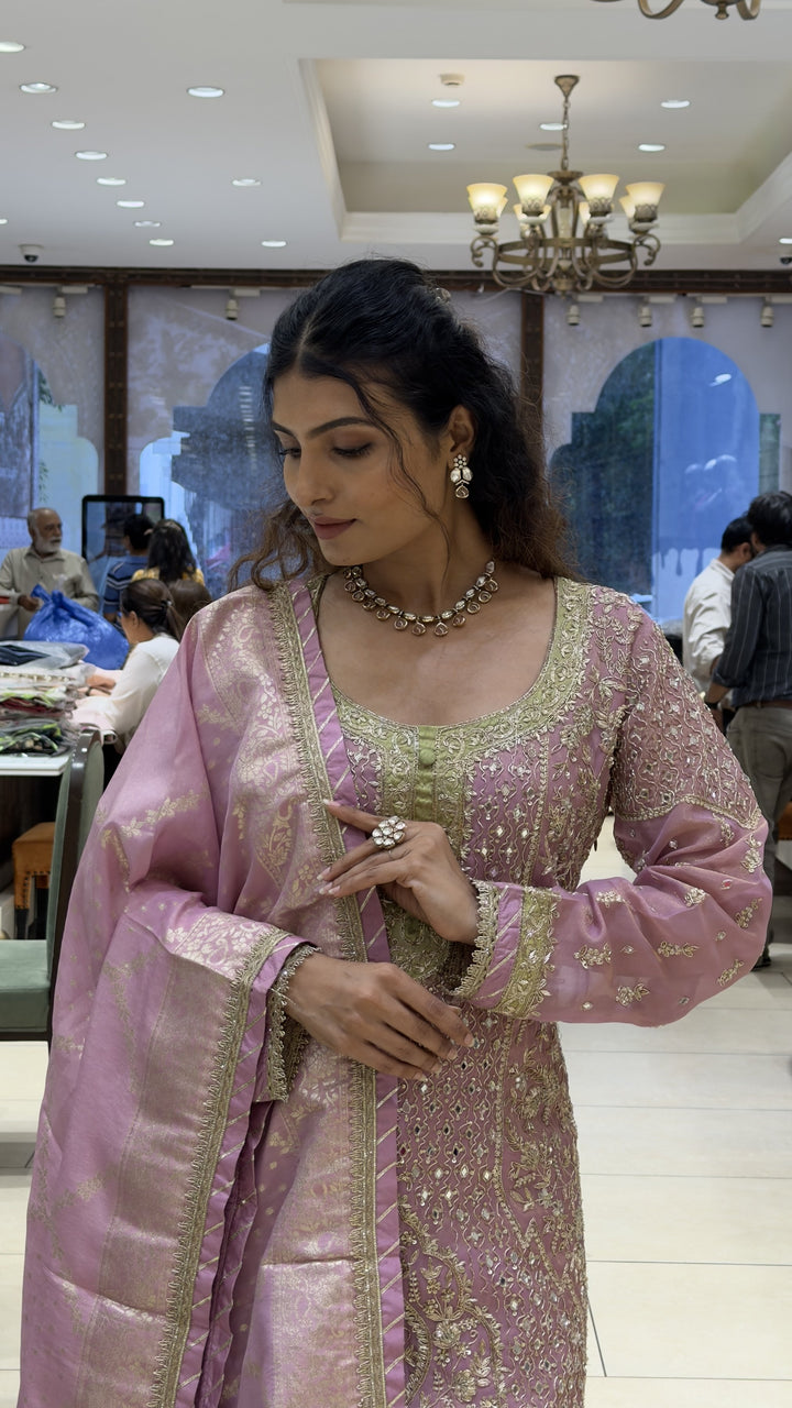 Lilac Pink Embroidered Kurta Sharara Set with Banarasi Dupatta