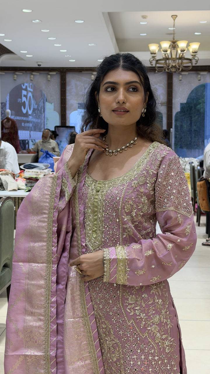 Lilac Pink Embroidered Kurta Sharara Set with Banarasi Dupatta