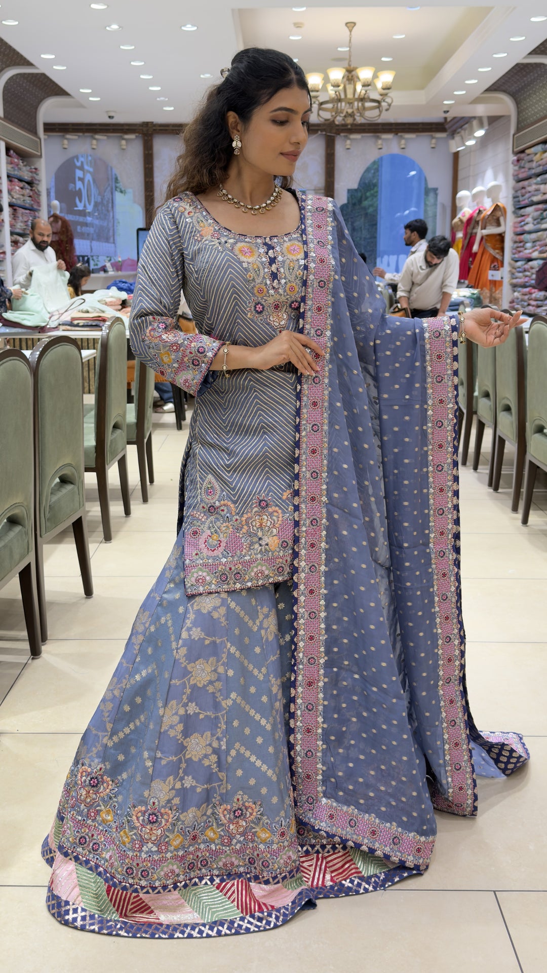 Steel Blue Embroidered Kurta Sharara Set with Floral Banarasi Dupatta
