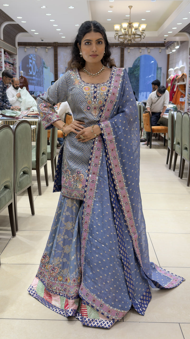 Steel Blue Embroidered Kurta Sharara Set with Floral Banarasi Dupatta