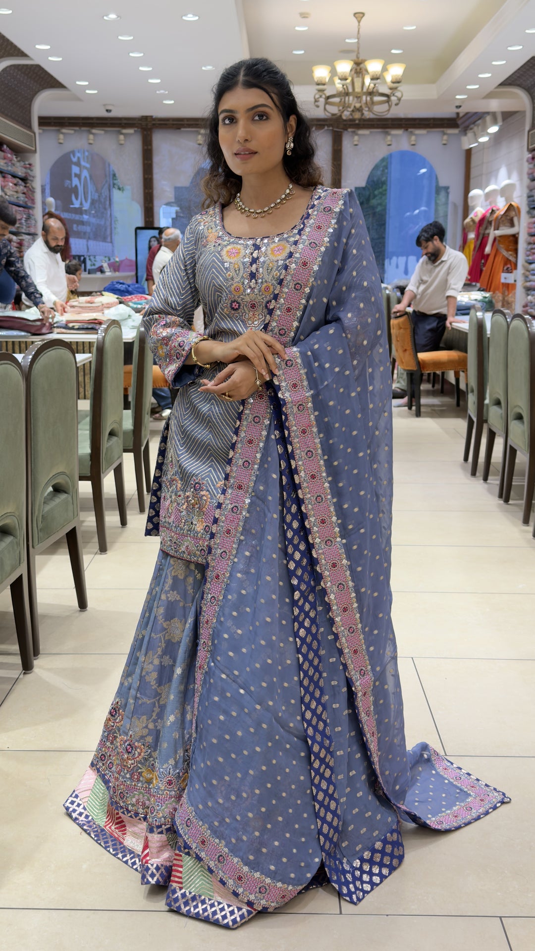 Steel Blue Embroidered Kurta Sharara Set with Floral Banarasi Dupatta