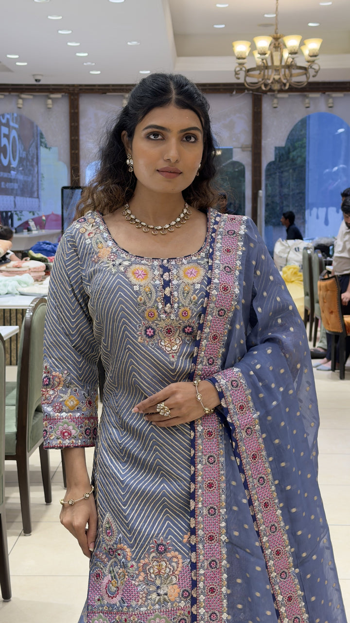 Steel Blue Embroidered Kurta Sharara Set with Floral Banarasi Dupatta