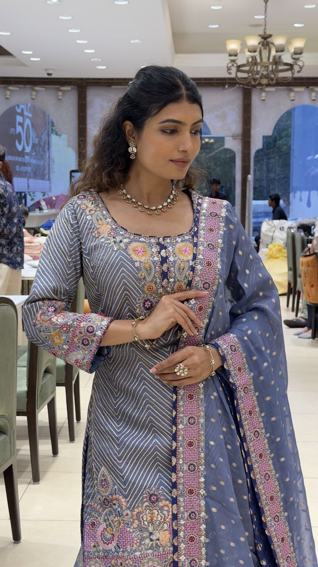 Steel Blue Embroidered Kurta Sharara Set with Floral Banarasi Dupatta