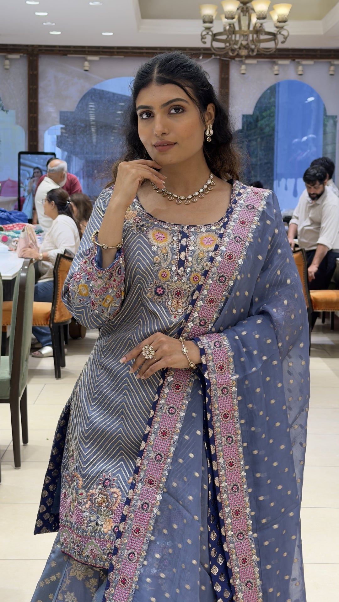 Steel Blue Embroidered Kurta Sharara Set with Floral Banarasi Dupatta