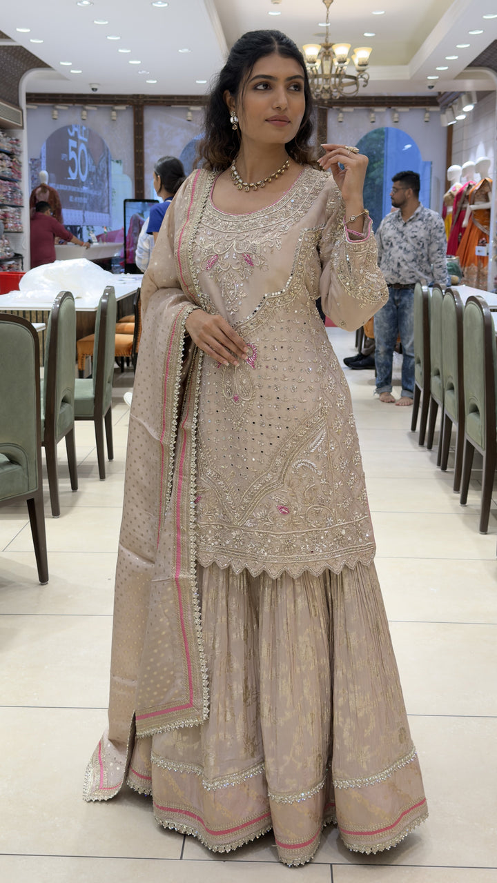 Champagne Beige Embroidered Kurta Sharara Set with Dupatta