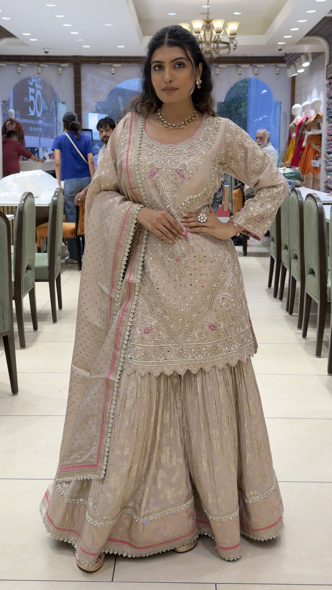 Champagne Beige Embroidered Kurta Sharara Set with Dupatta