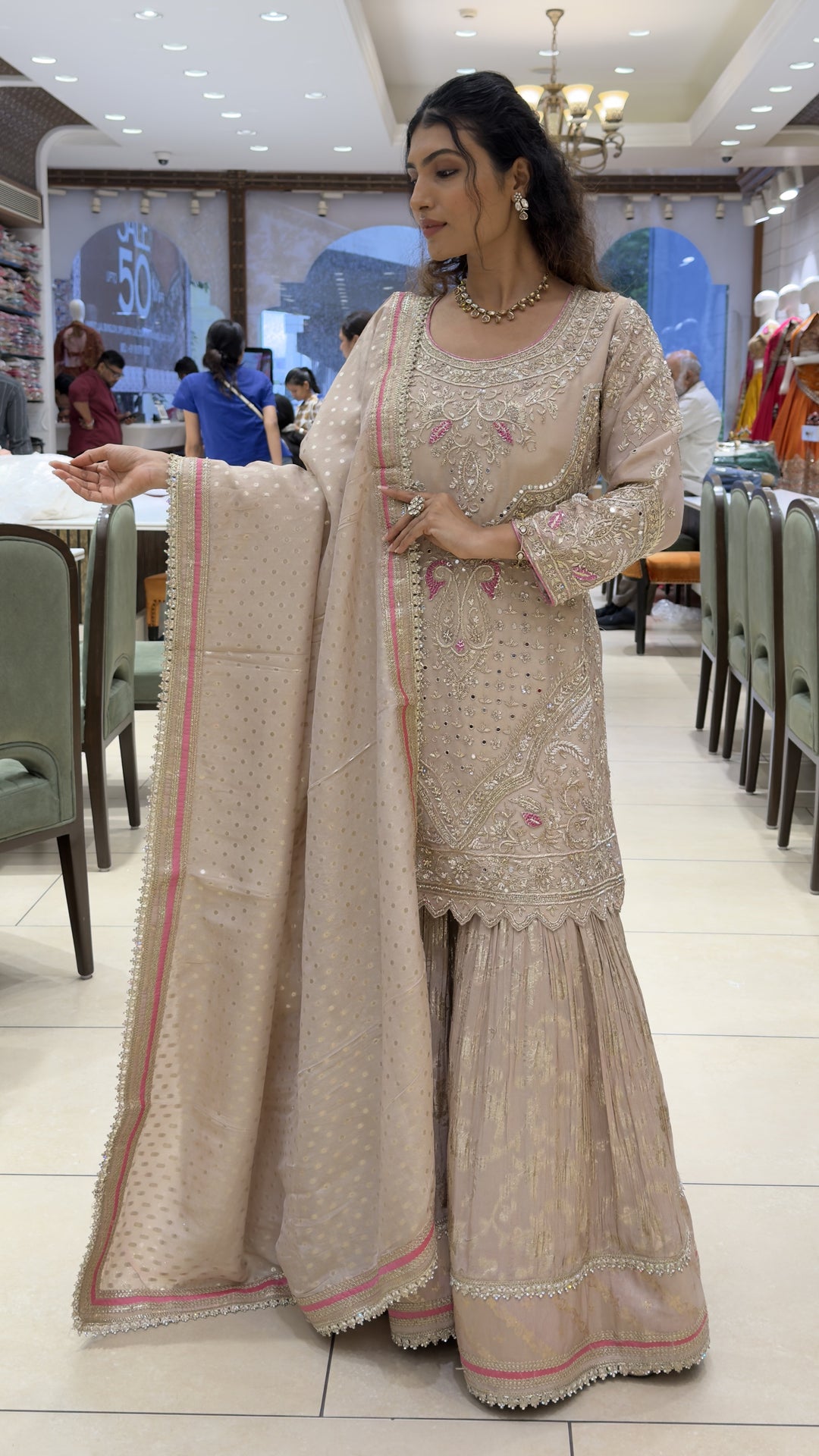 Champagne Beige Embroidered Kurta Sharara Set with Dupatta