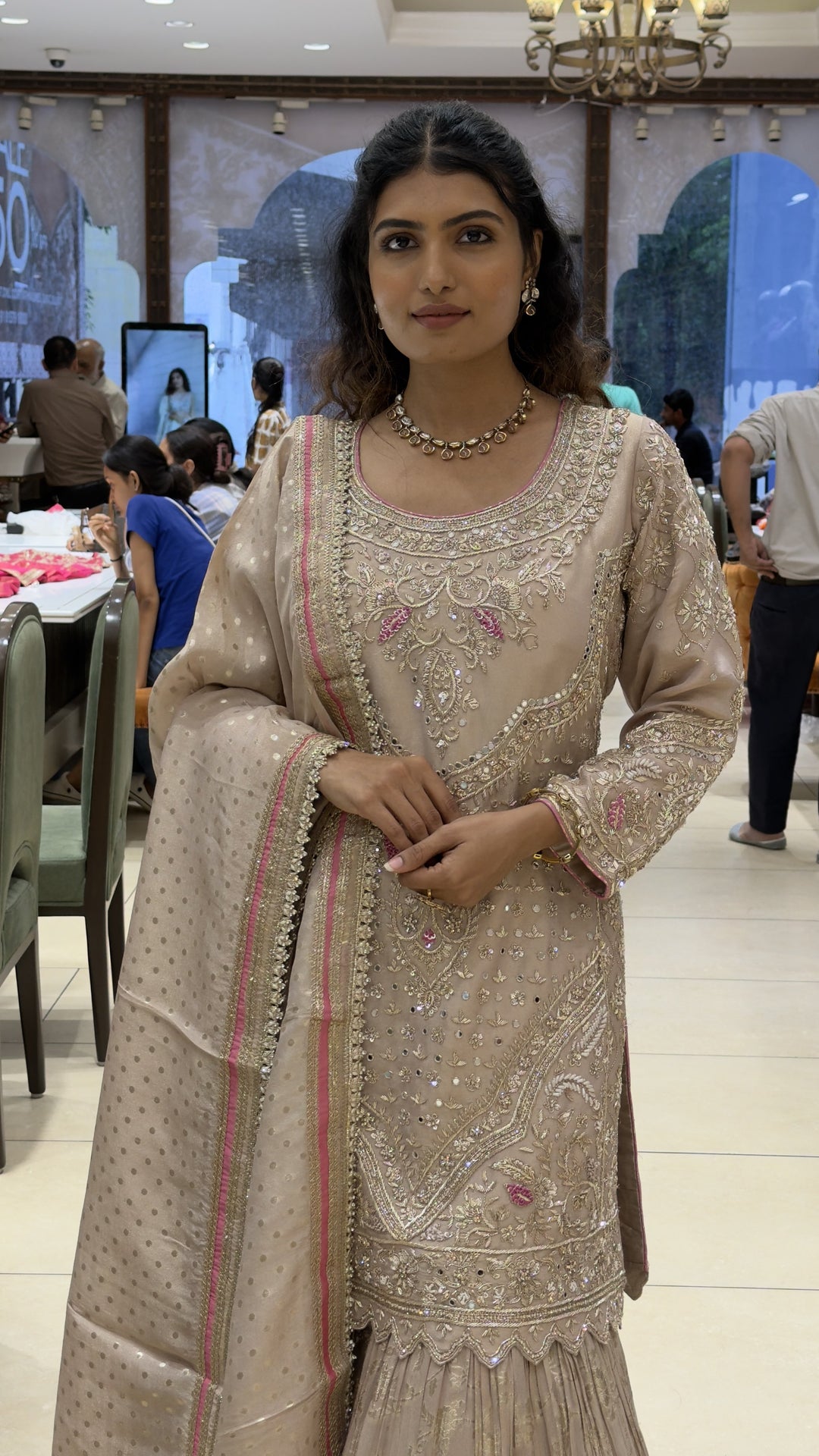 Champagne Beige Embroidered Kurta Sharara Set with Dupatta