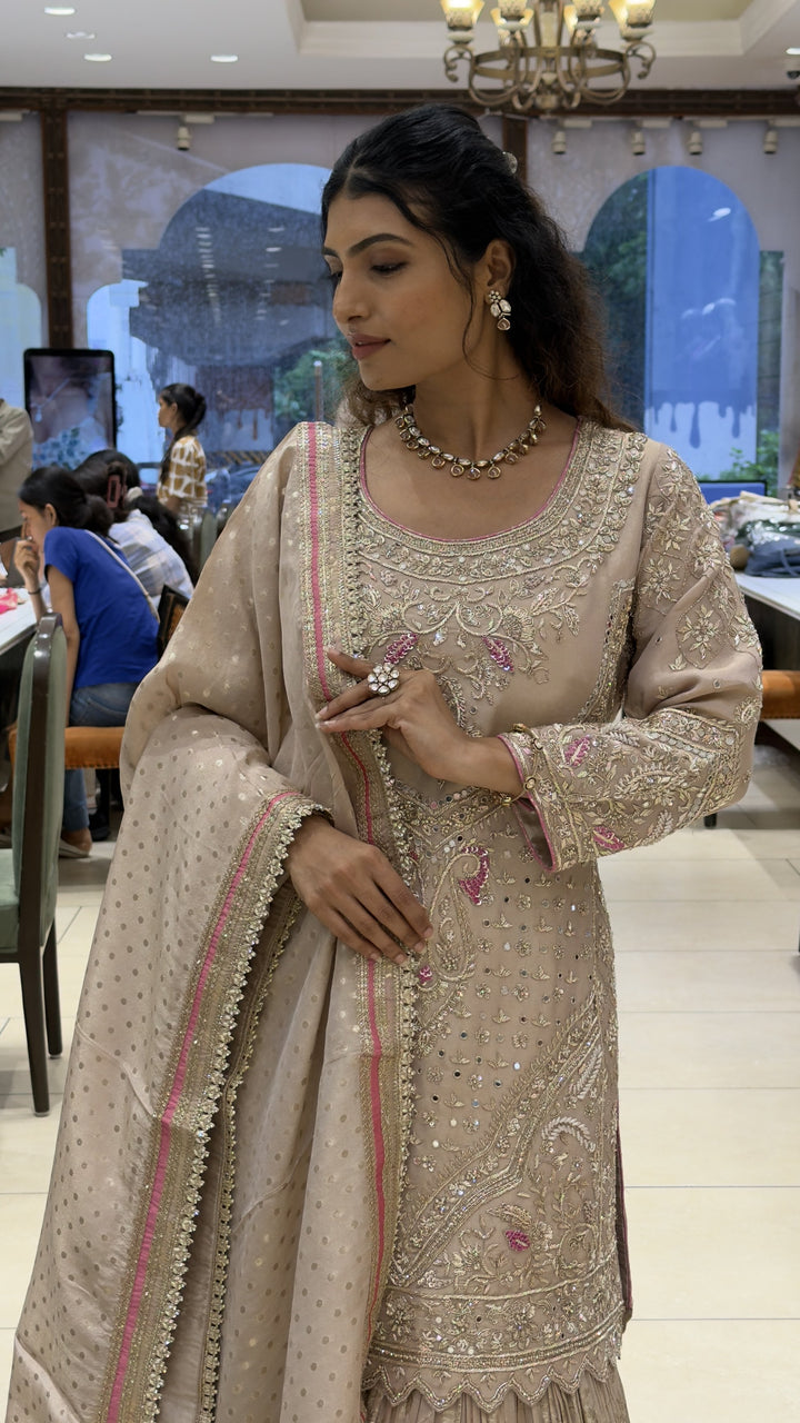 Champagne Beige Embroidered Kurta Sharara Set with Dupatta