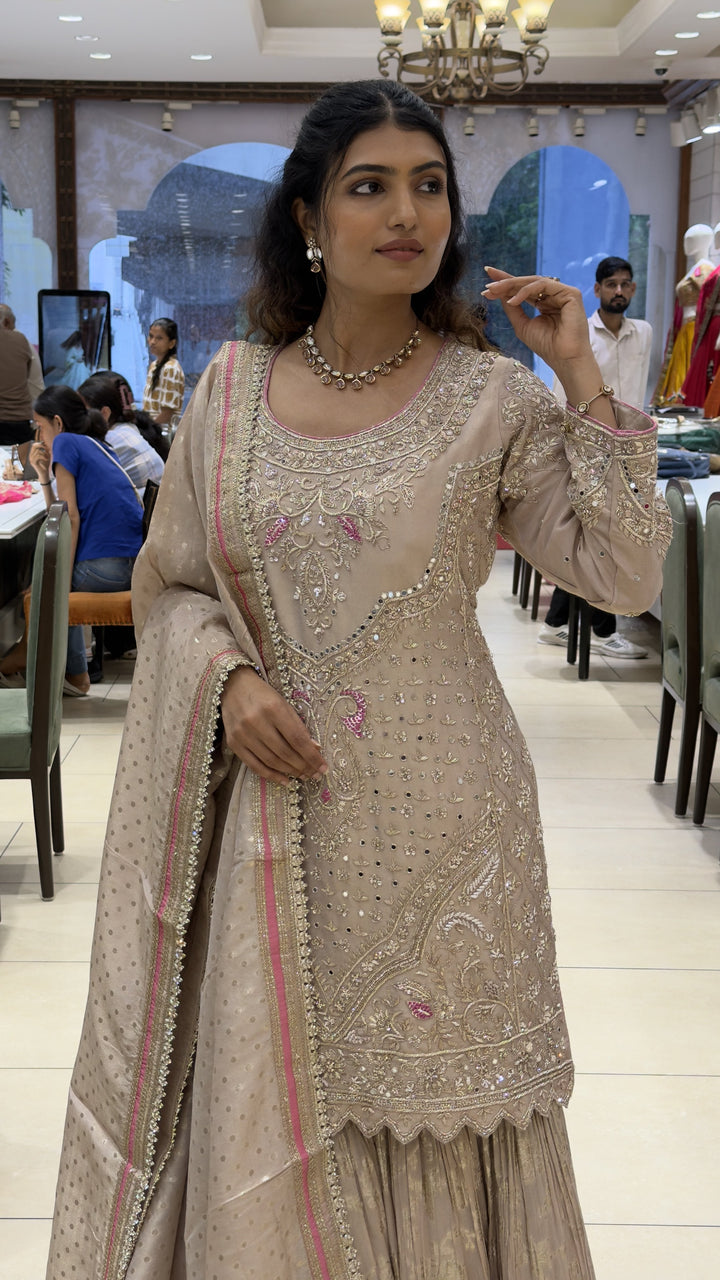 Champagne Beige Embroidered Kurta Sharara Set with Dupatta