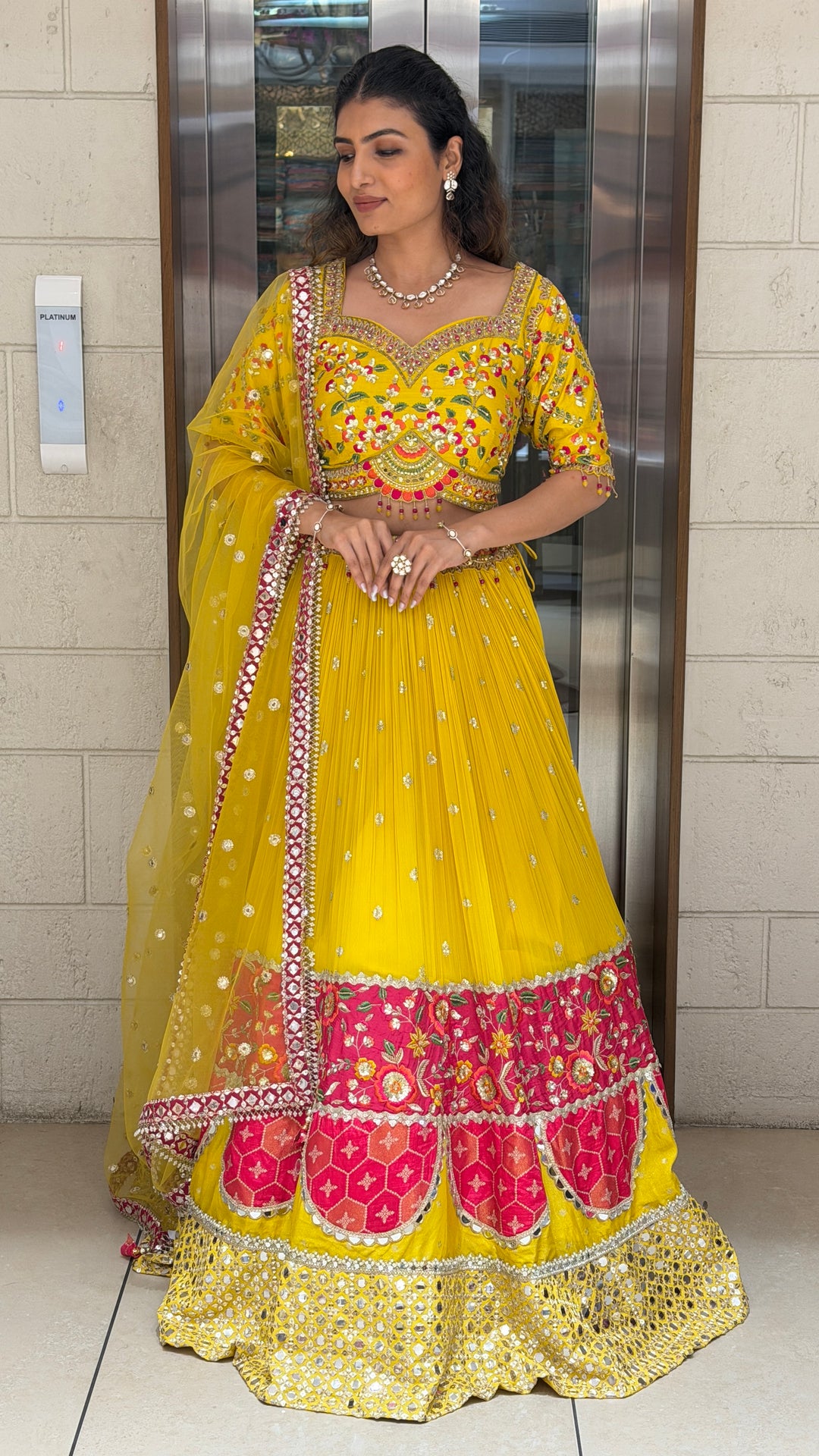 Sunshine Yellow Floral Embroidered Lehenga Set with Mirror Work & Net Dupatta