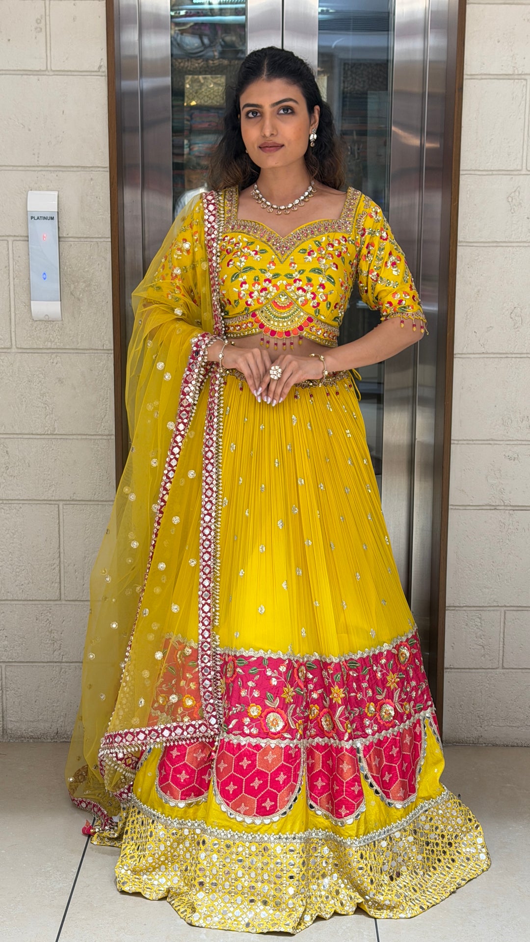 Sunshine Yellow Floral Embroidered Lehenga Set with Mirror Work & Net Dupatta