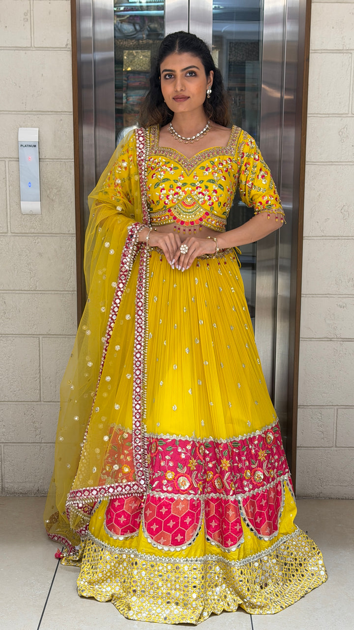 Sunshine Yellow Floral Embroidered Lehenga Set with Mirror Work & Net Dupatta