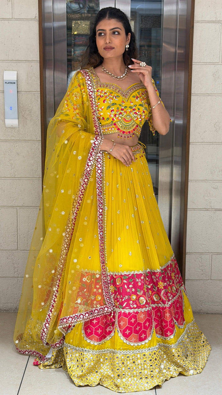 Sunshine Yellow Floral Embroidered Lehenga Set with Mirror Work & Net Dupatta
