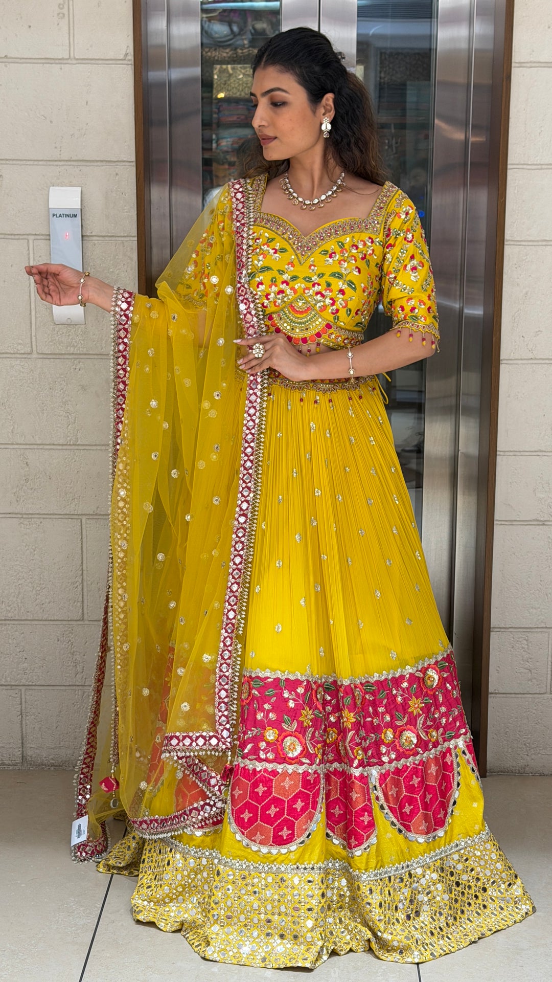 Sunshine Yellow Floral Embroidered Lehenga Set with Mirror Work & Net Dupatta