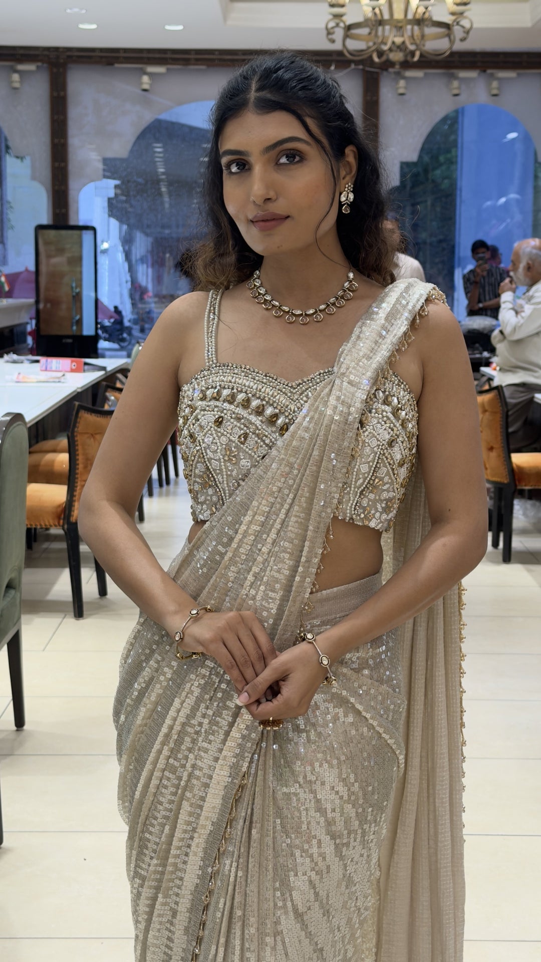 Champagne Gold Sequins Ready to waer Saree with Embellished Blouse