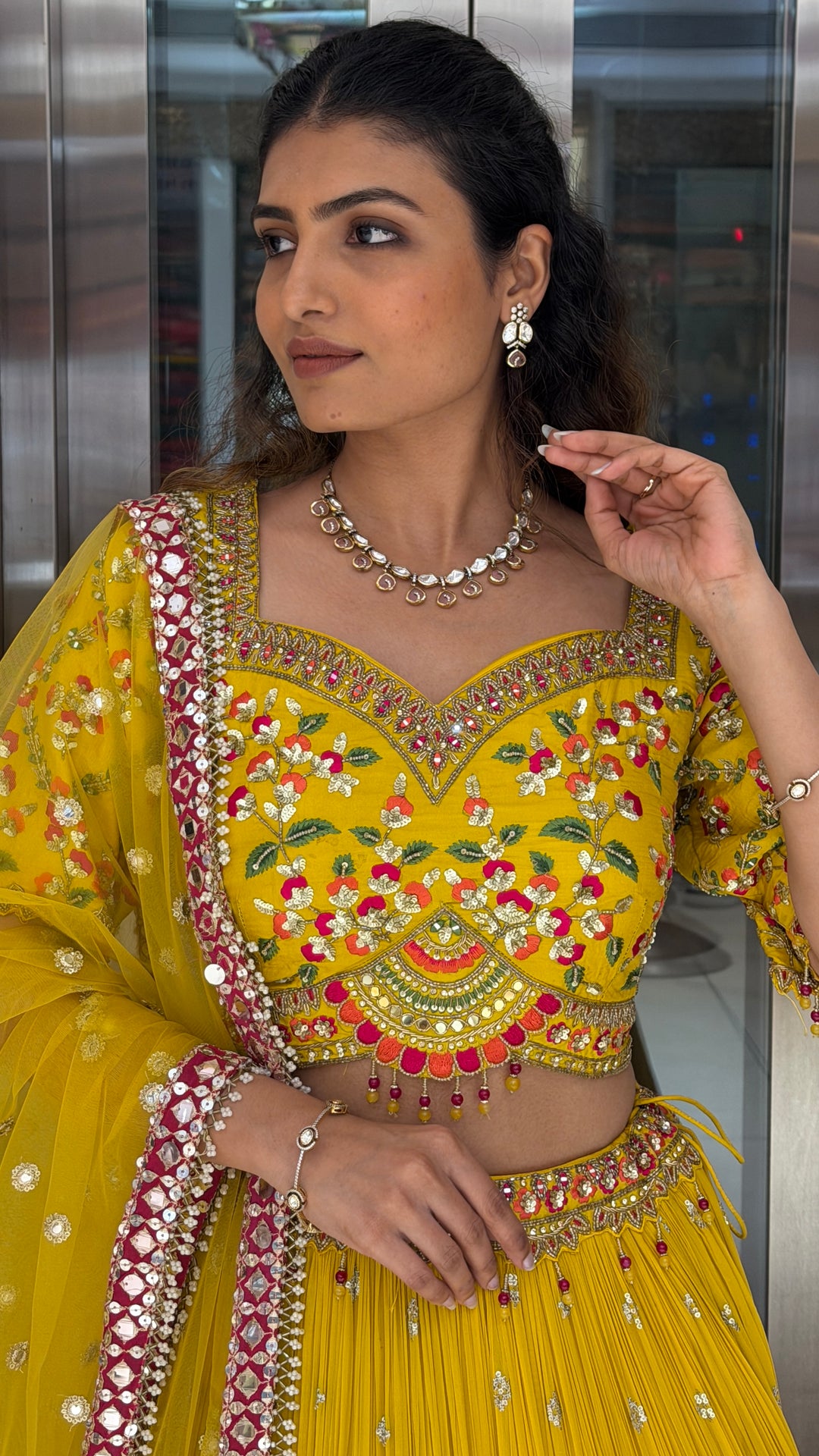 Sunshine Yellow Floral Embroidered Lehenga Set with Mirror Work & Net Dupatta