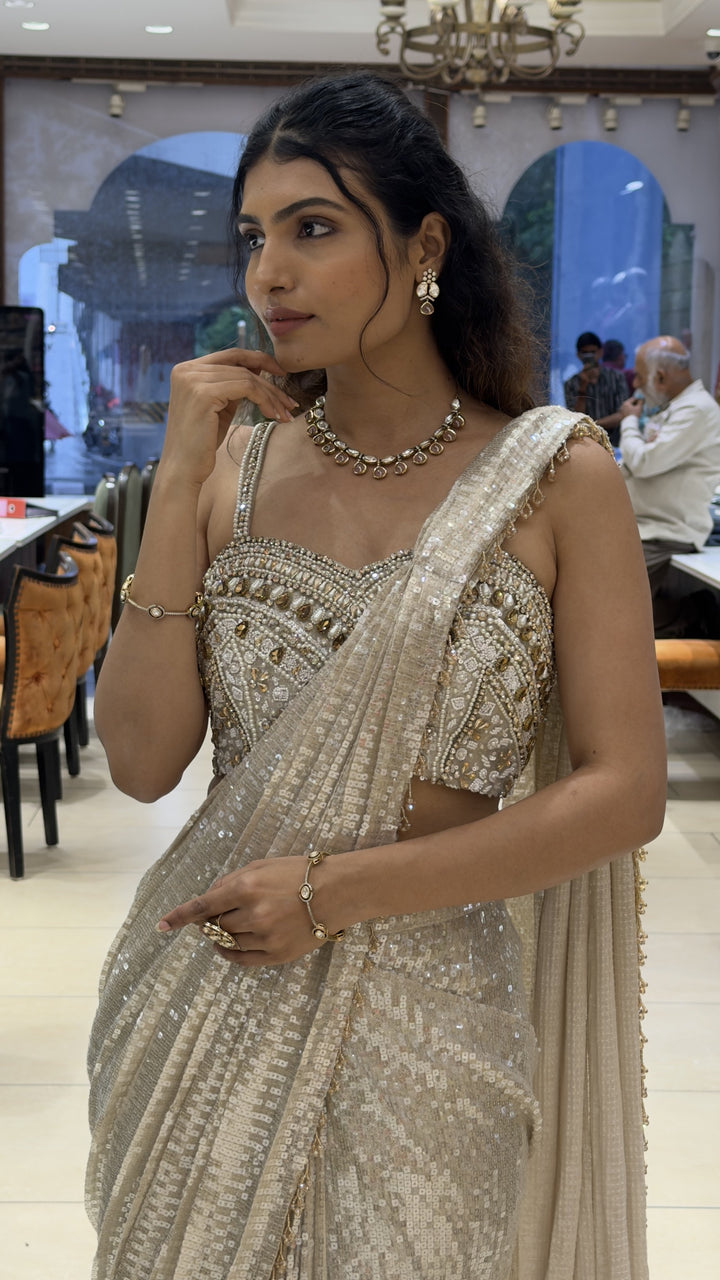 Champagne Gold Sequins Ready to waer Saree with Embellished Blouse