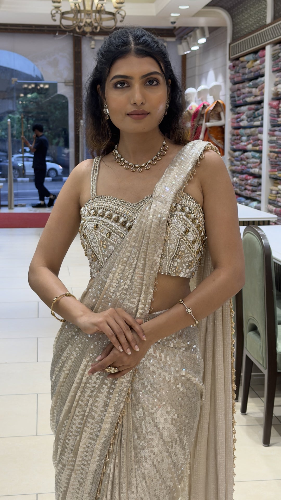 Champagne Gold Sequins Ready to waer Saree with Embellished Blouse