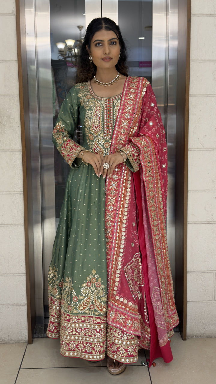Sage Green Embroidered Anarkali Suit Set with Rani Pink Dupatta