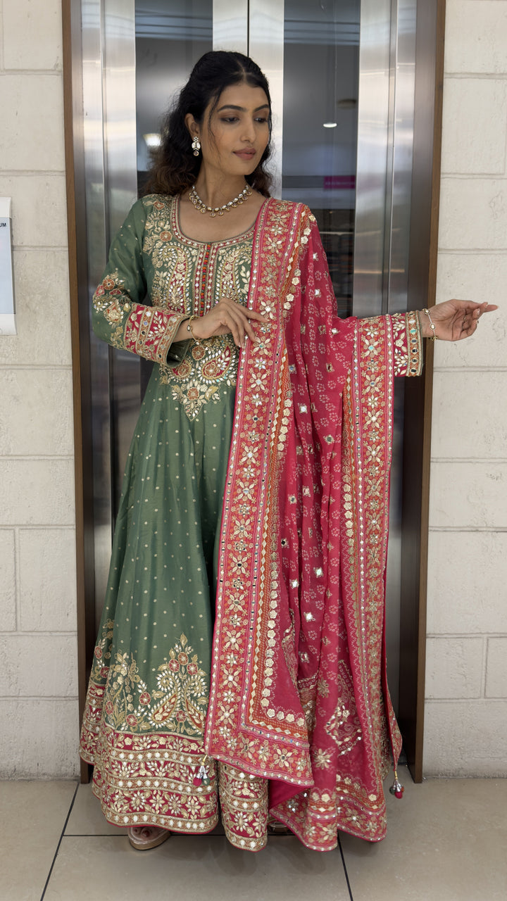Sage Green Embroidered Anarkali Suit Set with Rani Pink Dupatta