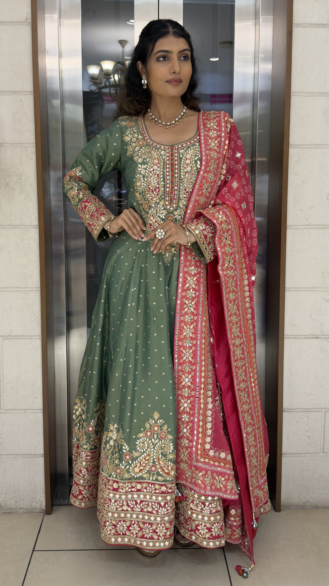 Sage Green Embroidered Anarkali Suit Set with Rani Pink Dupatta