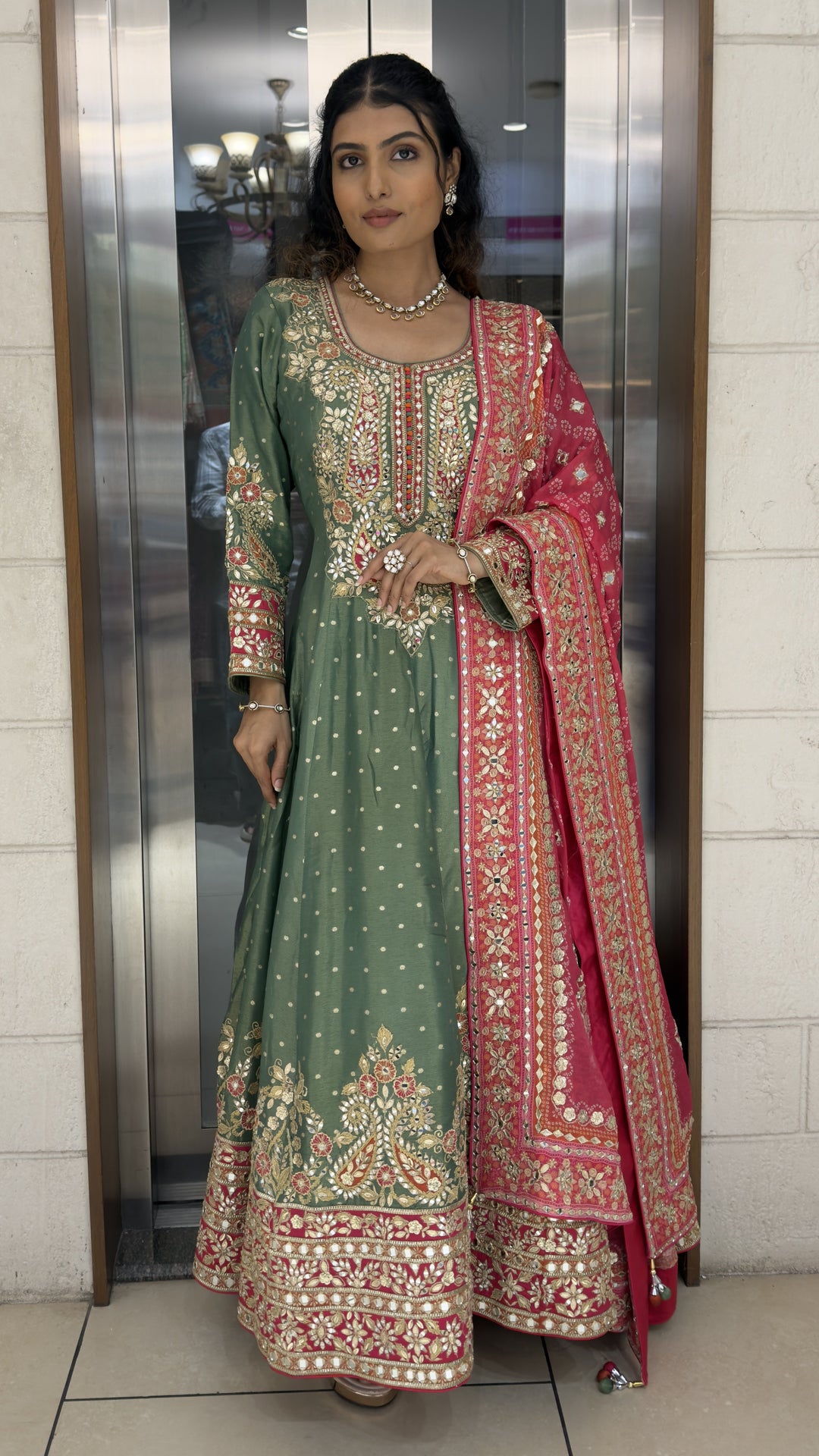 Sage Green Embroidered Anarkali Suit Set with Rani Pink Dupatta