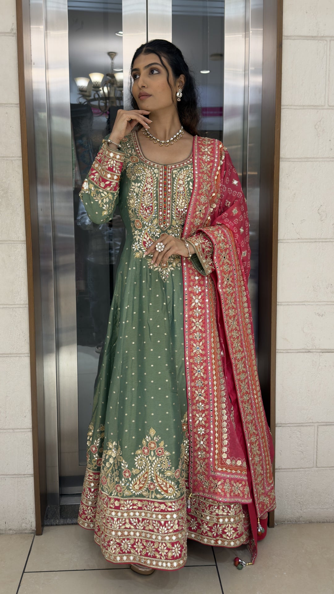 Sage Green Embroidered Anarkali Suit Set with Rani Pink Dupatta