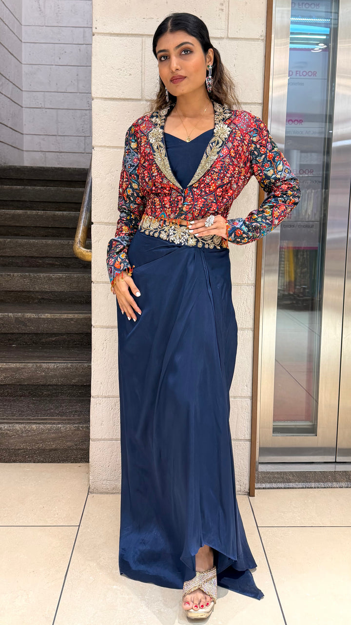 Designer Navy Drape Skirt with Multicolor Embroidered Jacket Set