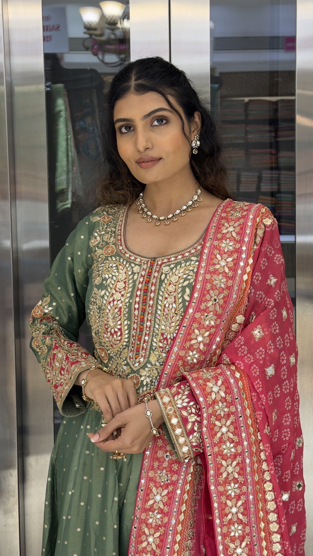 Sage Green Embroidered Anarkali Suit Set with Rani Pink Dupatta