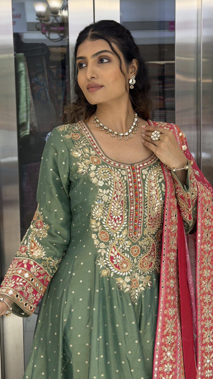 Sage Green Embroidered Anarkali Suit Set with Rani Pink Dupatta