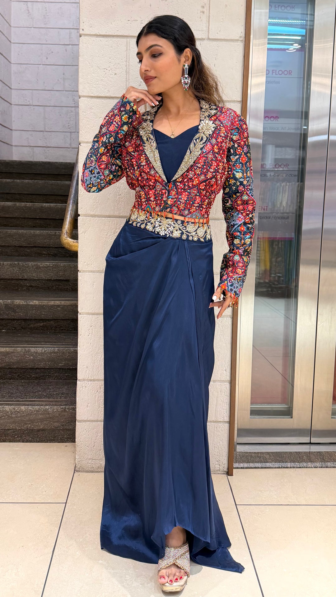 Designer Navy Drape Skirt with Multicolor Embroidered Jacket Set