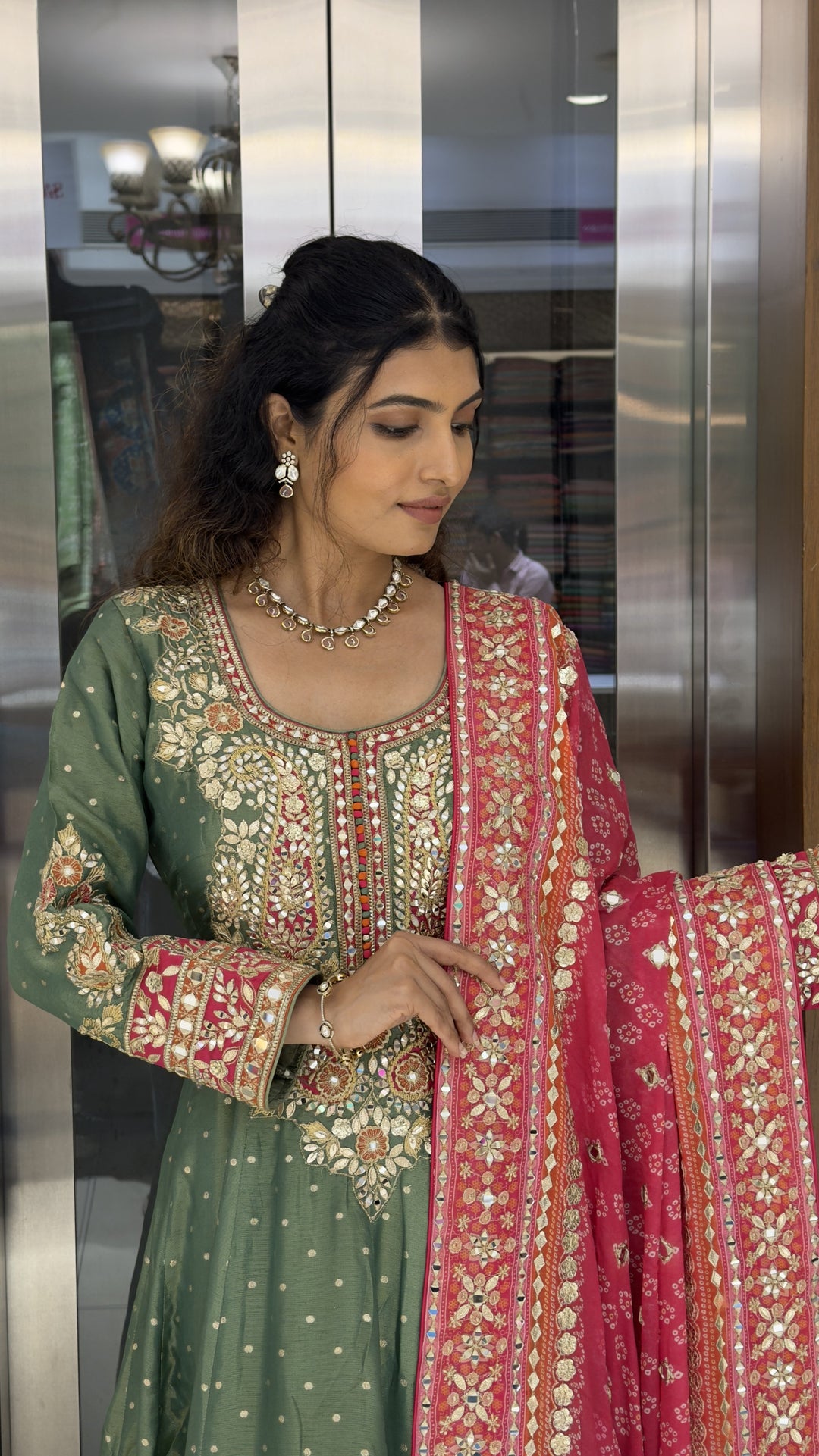 Sage Green Embroidered Anarkali Suit Set with Rani Pink Dupatta