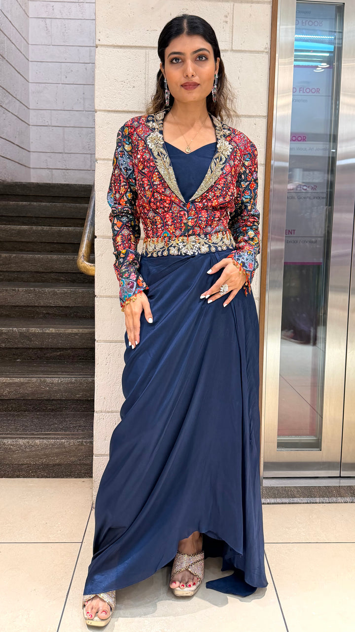 Designer Navy Drape Skirt with Multicolor Embroidered Jacket Set