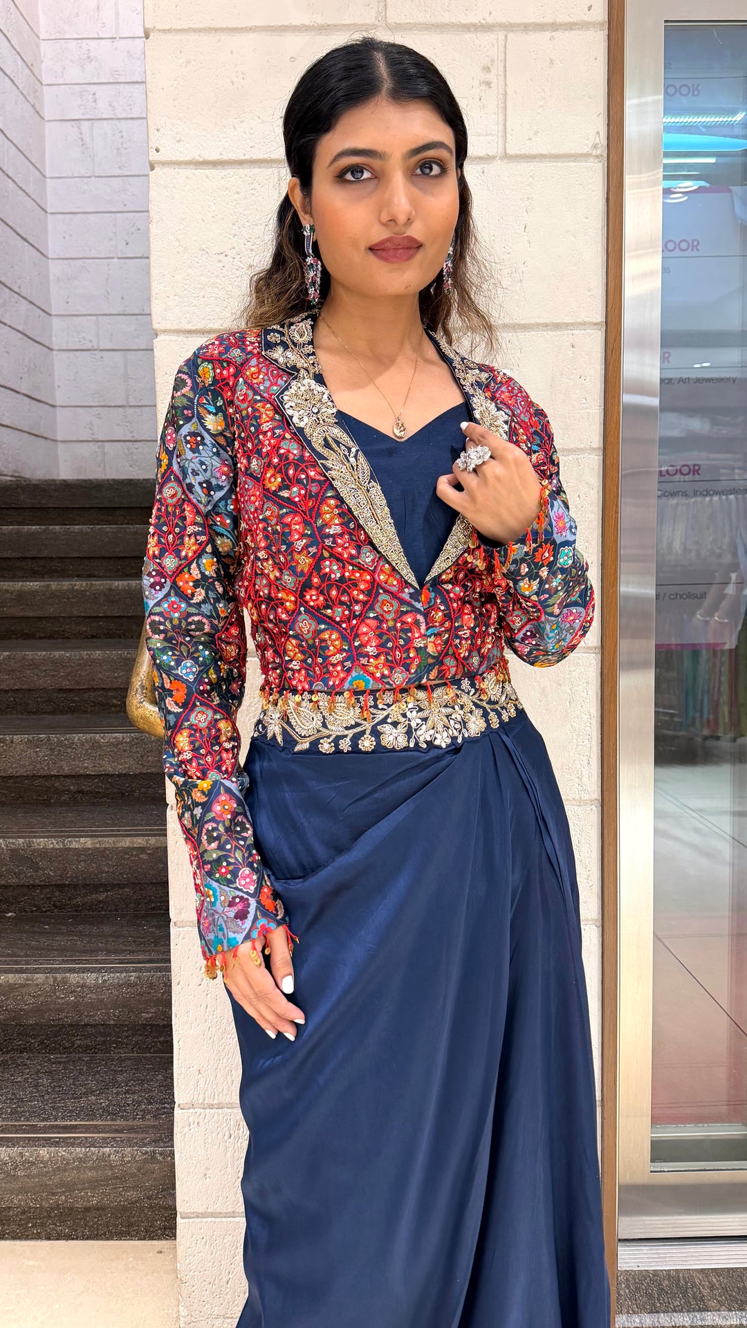 Designer Navy Drape Skirt with Multicolor Embroidered Jacket Set
