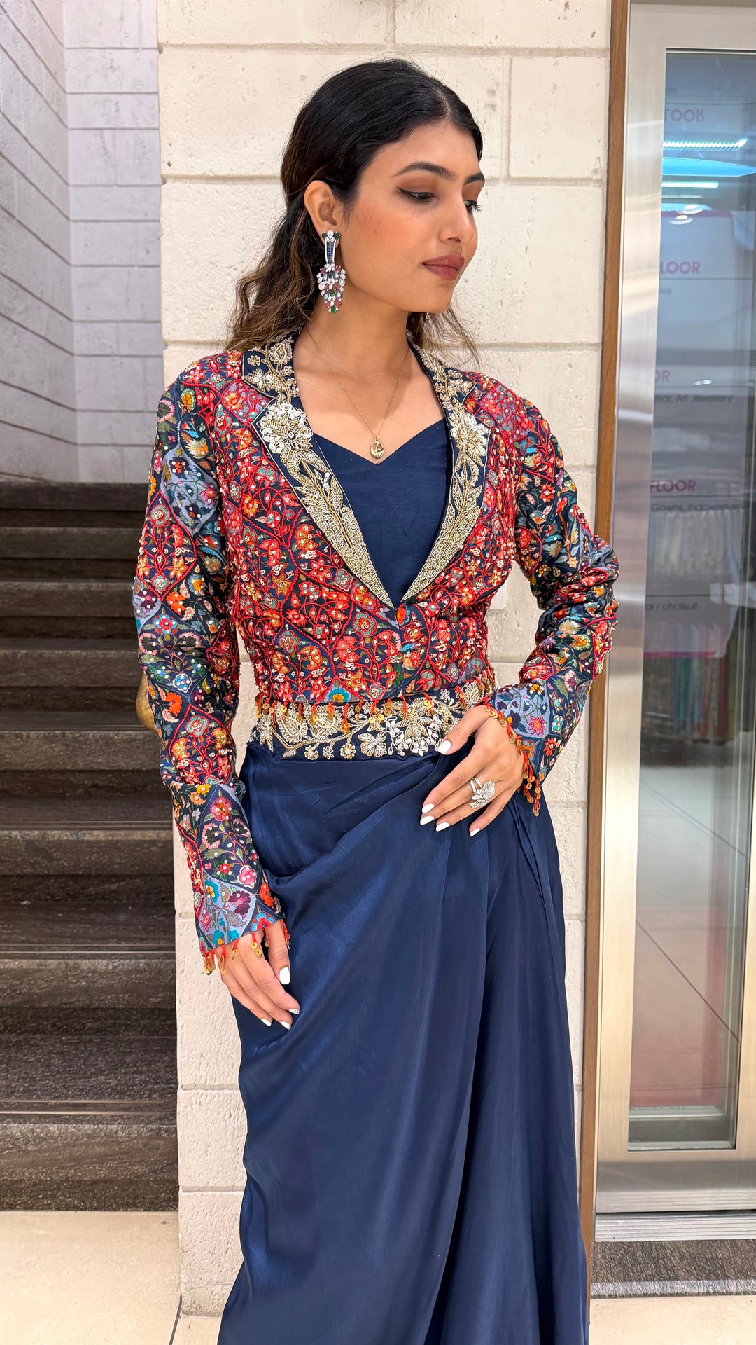 Designer Navy Drape Skirt with Multicolor Embroidered Jacket Set