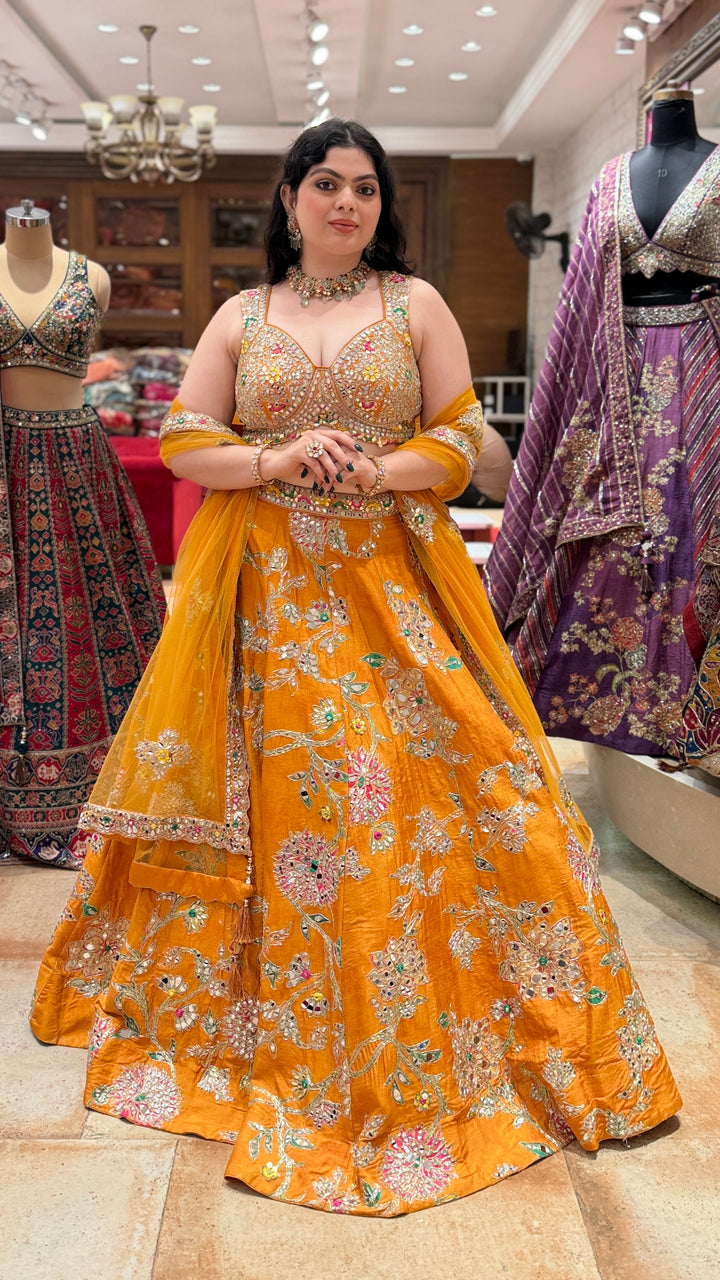 Mustard Yellow Floral Embroidered Bridal Lehenga Set with Dupatta