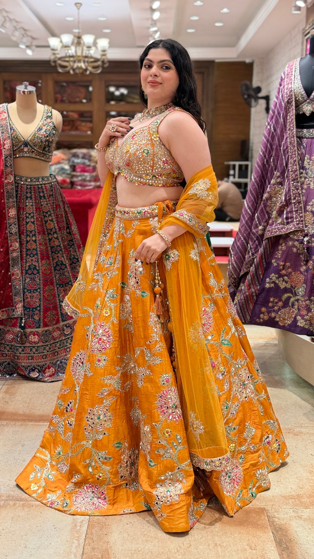 Mustard Yellow Floral Embroidered Bridal Lehenga Set with Dupatta