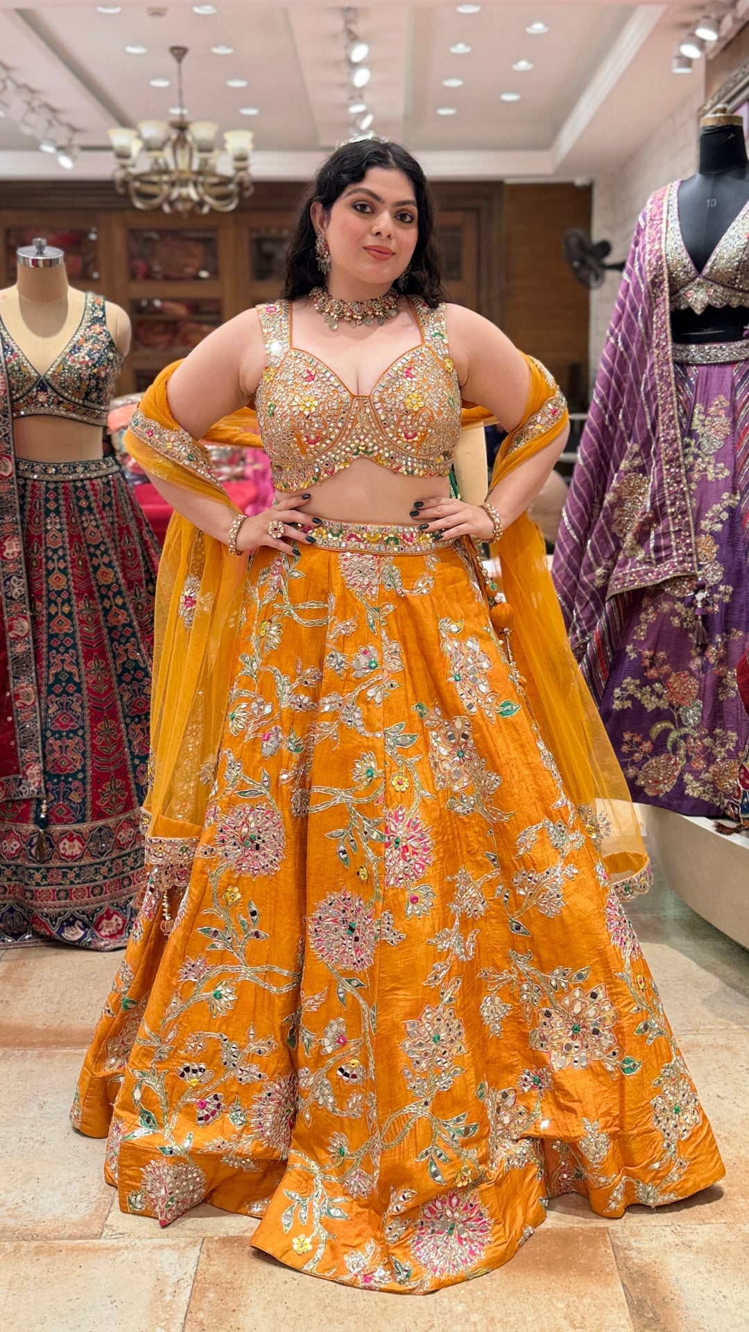 Mustard Yellow Floral Embroidered Bridal Lehenga Set with Dupatta