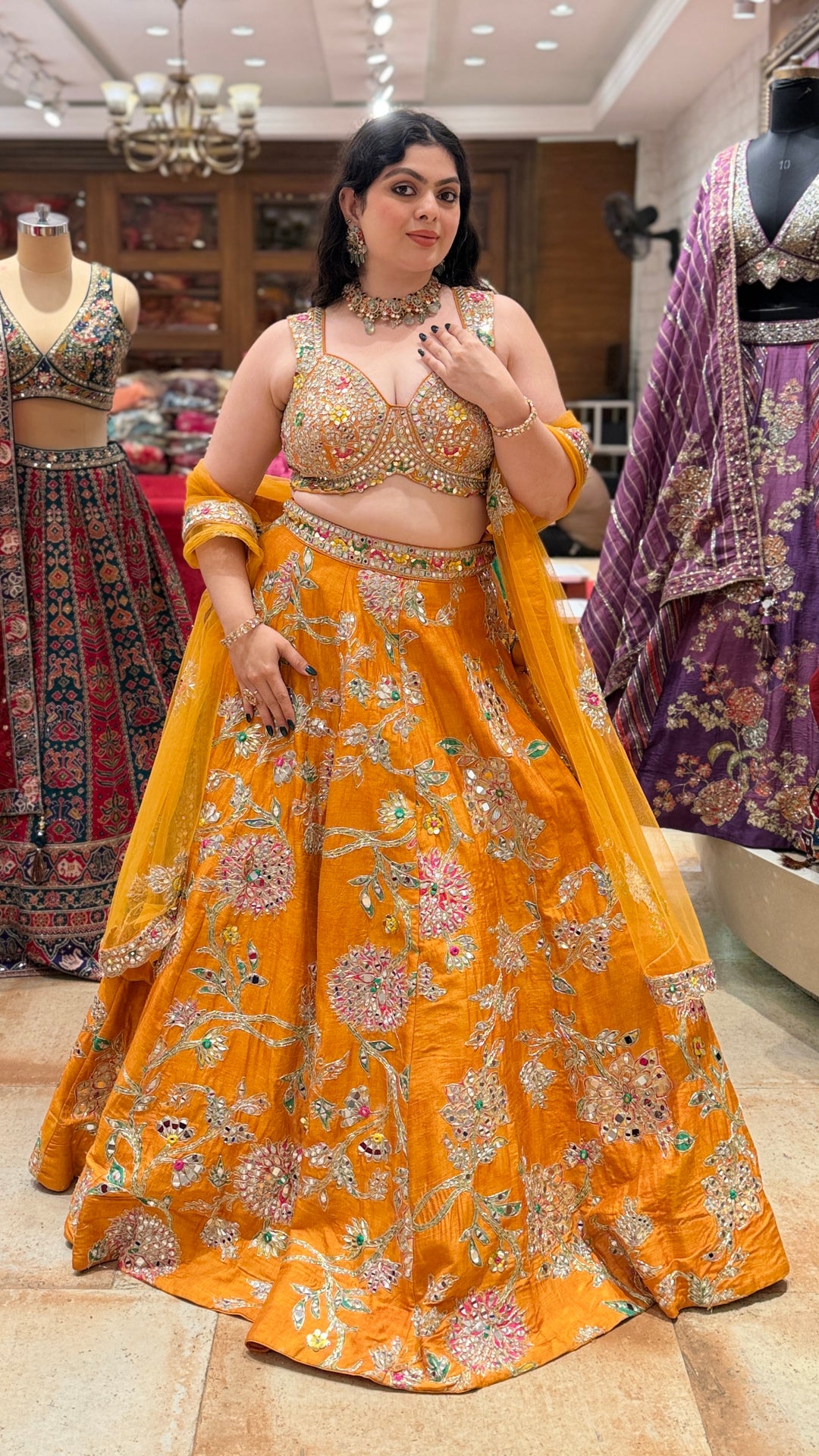 Mustard Yellow Floral Embroidered Bridal Lehenga Set with Dupatta