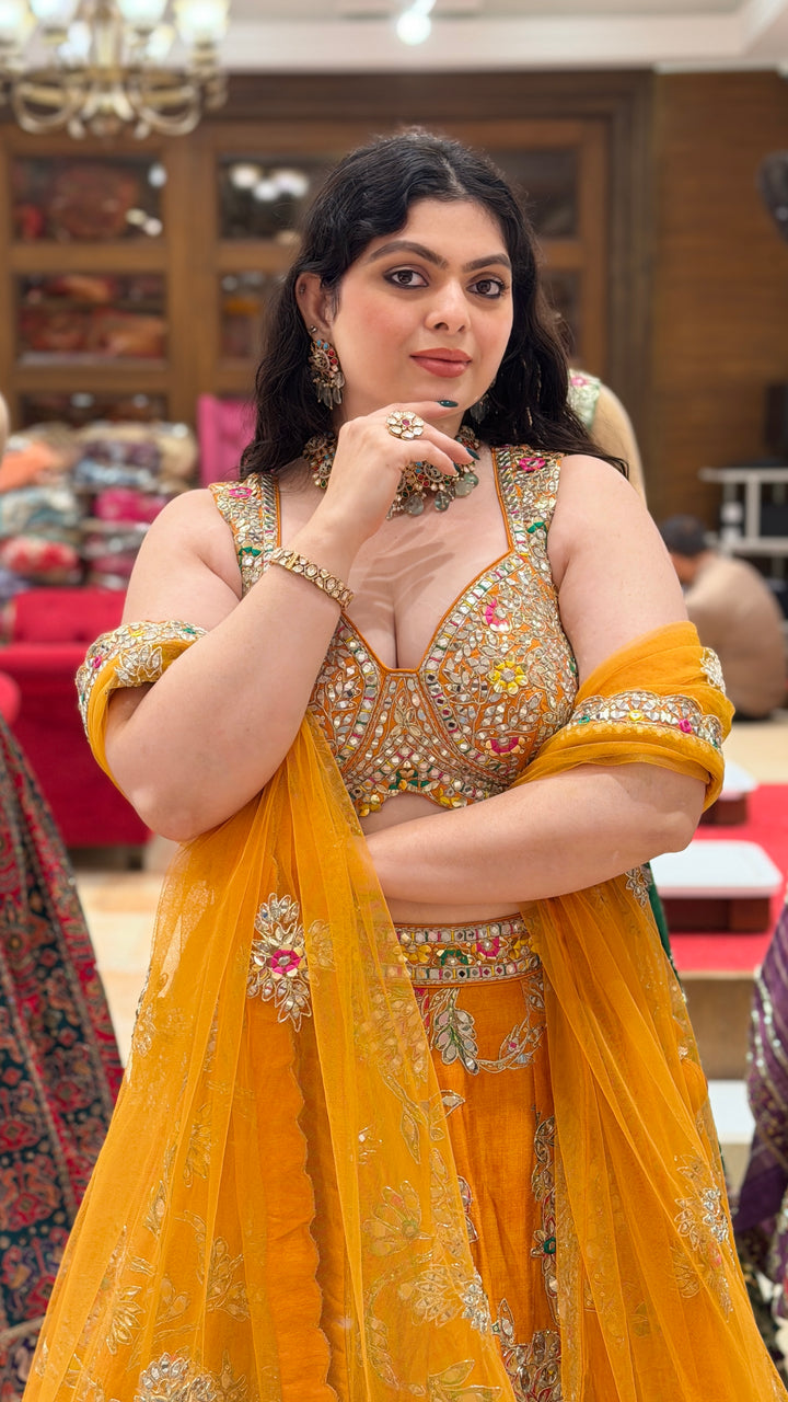 Mustard Yellow Floral Embroidered Bridal Lehenga Set with Dupatta