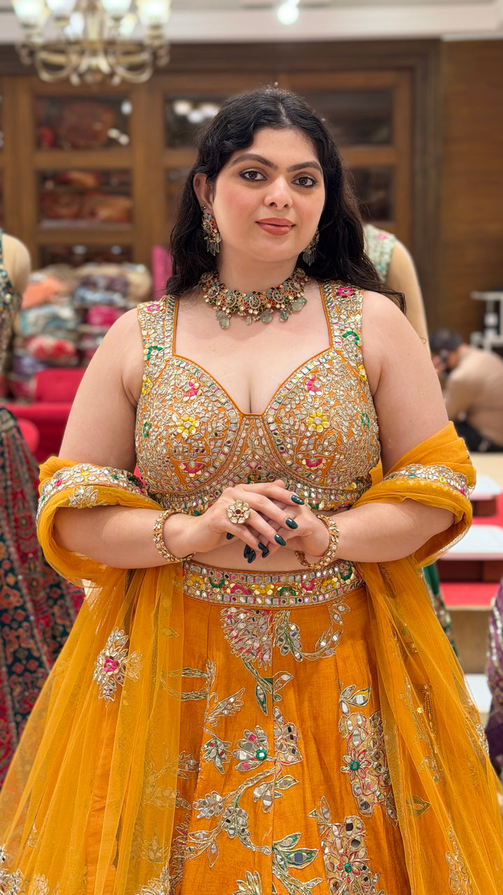 Mustard Yellow Floral Embroidered Bridal Lehenga Set with Dupatta