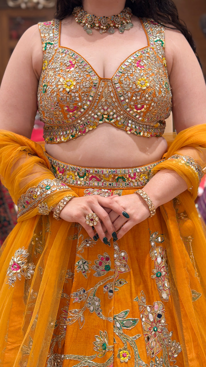 Mustard Yellow Floral Embroidered Bridal Lehenga Set with Dupatta